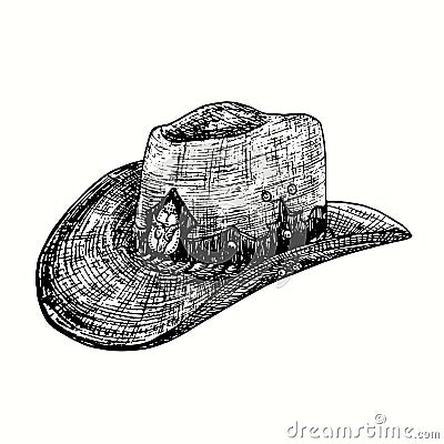 Hand drawn vintage cowboy hat with bull skull. Ink black and white drawing Vector Illustration